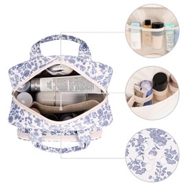 Narwey Full Size Toiletry Bag Large Makeup Bag Organizer Travel Cosmetic Bag for Women and Men (Little Grayish Blue Flower)