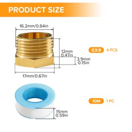 Lyeteung 4 PCS G3/8 Brass Hexagonal External Thread Cap, Brass Blanking Stop Caps, Hose Caps Hexagonal Brass Fitting Pipe Cap, with Raw Material Tape, for Valve Pipe Fittings