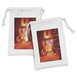 Ambesonne Christmas Fabric Pouch Set of 2, Noel Room Design Bunch of Holly Yule Objects Fantasy Eve Ornate Illustration, Small Drawstring Bag for Toiletries Masks and Favors, 9" x 6", Orange