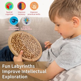 Round Wooden Labyrinth Board Game - Marble Maze for Education and Fun, Toddler Activity Board, Brain Teaser Puzzle Logic Game with Two Metal Balls for Kids, Adults, Teens, Boys, and Girls