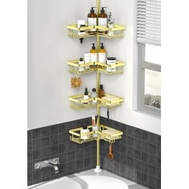 KEGII Corner Shower Caddy Tension Pole, 4-Tier Shower Tension Rod Organizer No Drilling, Floor to Ceiling Bathroom Caddy 25-114.2 inch, Adjustable Bath Tub Shampoo Holder for Corner, Gold