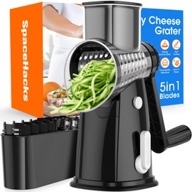 Rotary Cheese Grater Hand Crank with 5 Interchangeable Blades, Vegetable Chopper Spiralizer Slicer for Fruit Vegetable Nuts, Mandoline Slicer for Kitchen with Blades Rack & Suction Base, Black