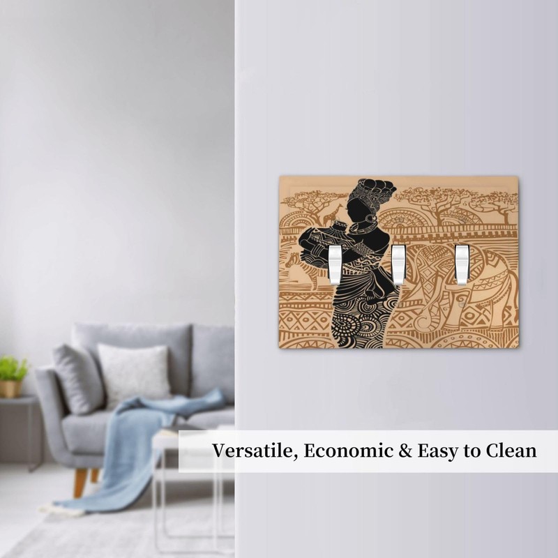 African Woman 3 Gang Triple Wall Plate Zebra Elephants Decorative