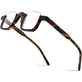 HEPIDEM Matte Multicolor Acetate Glasses Frame Women,Semi Rimless Round Optical Eyeglasses (9352 Leopard, Clear)