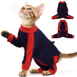ADNIKIA Cat Pajamas for Cats Only, Sticky Hair Cat Clothes, Long Sleeve Sphynx Clothes, Anti-Licking or Skin Disease Recovery Suit for Female Cats, Kitten Onesie Pajamas, DarkBlue, 2XL