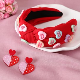 Gmmidea Valentine’s Day Headband Hair Accessories Gifts for Women Girls Candy Heart Letter Knotted Headband Twist Knot Cute Cloth Head Band Holiday Decorative Hairband Red
