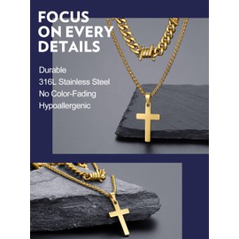 Bandmax Gold Plated Barbed Wire Chain Choker Necklace Set Faith Cross Pendant Necklace Punk Rock Gothic Thorns Cross Chain Necklace Set for Men Women