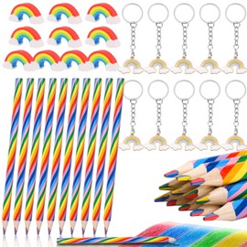 Fzyisw 36 Piece Rainbow Pen Set 12 Rainbow Pencils Children + 12 Rainbow Erasers + 12 Rainbow Key Chains Rainbow Colouring Pencils for Children, Graduation Gift