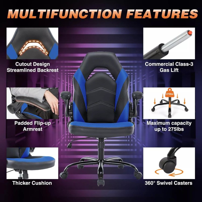 DUMOS Ergonomic PU Leather Gaming Chair with Wheels,Adjusta - Blue