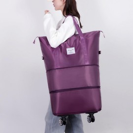 Expandable & Foldable Rolling Duffle Bag with Wheels, Large Capacity Carry-On Luggage with Dry Wet Separation, Waterproof Lightweight Travel Weekend Bag for Women Men (Dark Purple)