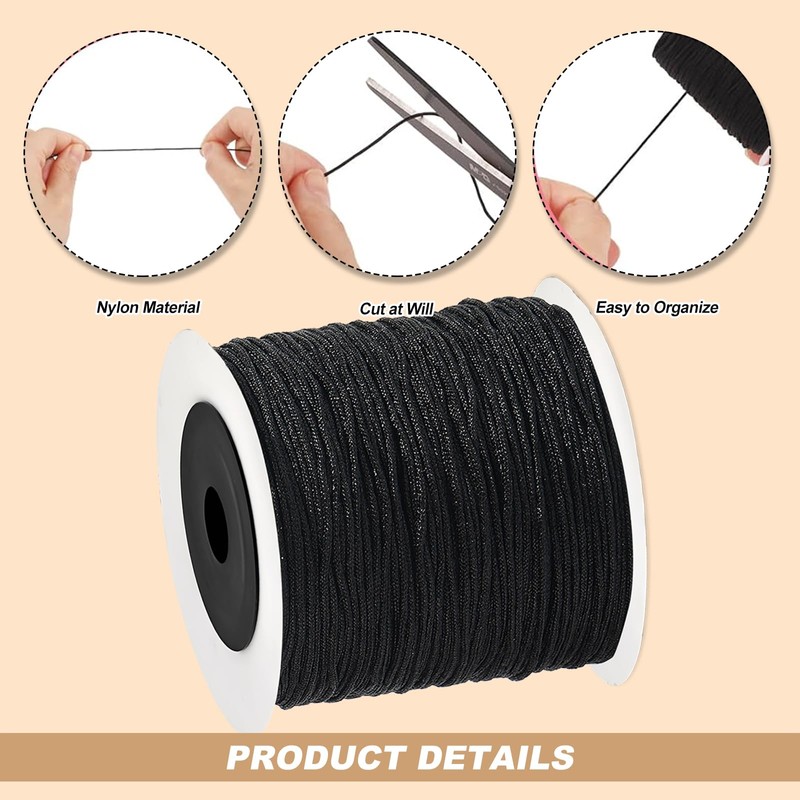 Black Nylon Cord for Bracelet Making, 0.8mm x 200m No-Elastic