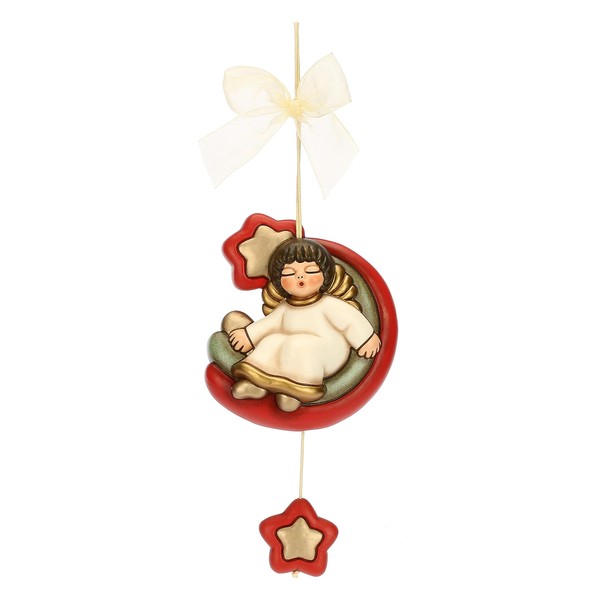 THUN, Dream Catcher with Angel in Ceramic, Hand-Decorated Christmas Wish Range, Star 4 x 4 x 1.5 cm; Angel 29 cm