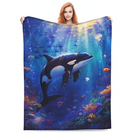 Orca Blanket Gifts for Kids Adults, Flannel Killer Whales Throw Blankets for Bed Living Room Sofa Couch Traveling Camping, Soft Warm Lightweight Plush Fish Ocean Orca Decor 50x60in