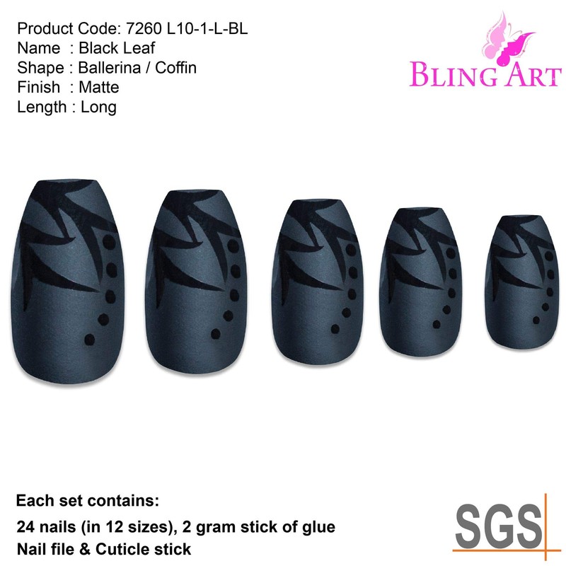 Bling Art False Nails Black Matt Ballerina Coffin 24 False