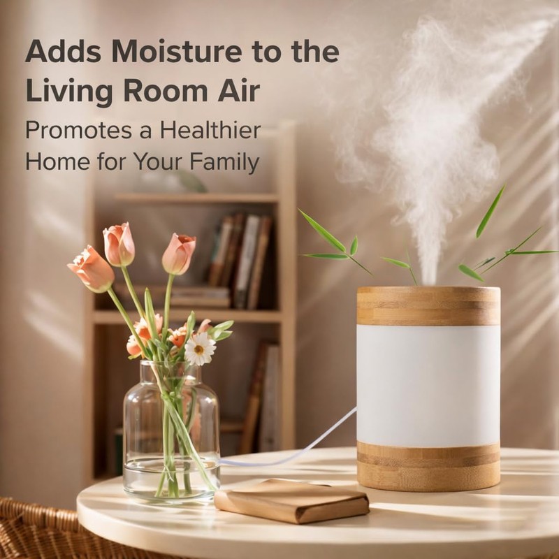 Bamboo Ultrasonic Mini Humidifier, 400ml Quiet Desktop Humidifier with Dual