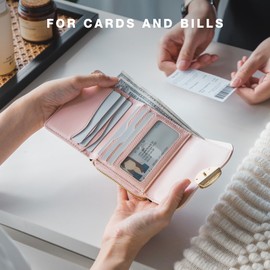 Vulkitty Trifold Leather Wallet for Women RFID Blocking, Small Compact Purse with Zipper Pocket, Ideal for Gift, Pink