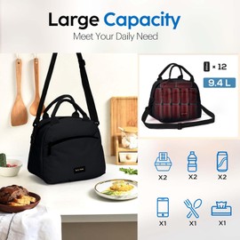 Runmeihe Lunch Bags for Women, Reusable Women's Insulated Lunchbag with Strap,Adults Small Waterproof Cooler Lunch Bags for Work Travel Picnic School (Black)