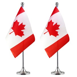 WXTWK 2 Pack Canada Flag Canadian Desk Flag Small Mini Canadian Table Flags With Stand Base,Home Office Festival Events Celebration Decorations