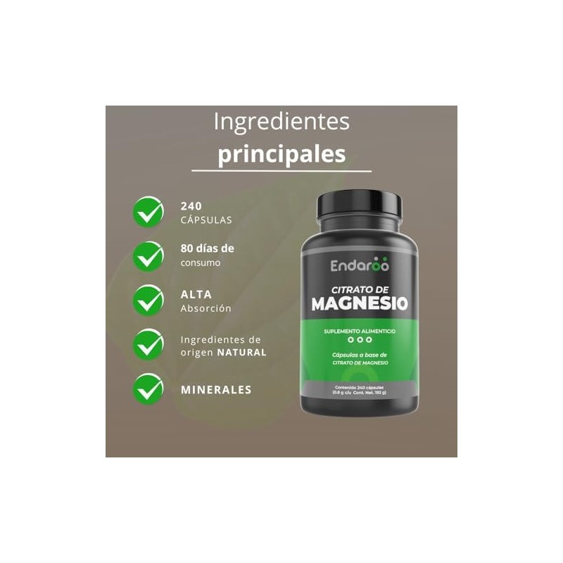 Citrato de Magnesio 800mg Origen Natural 240 Cápsulas Suplemento Alimenticio