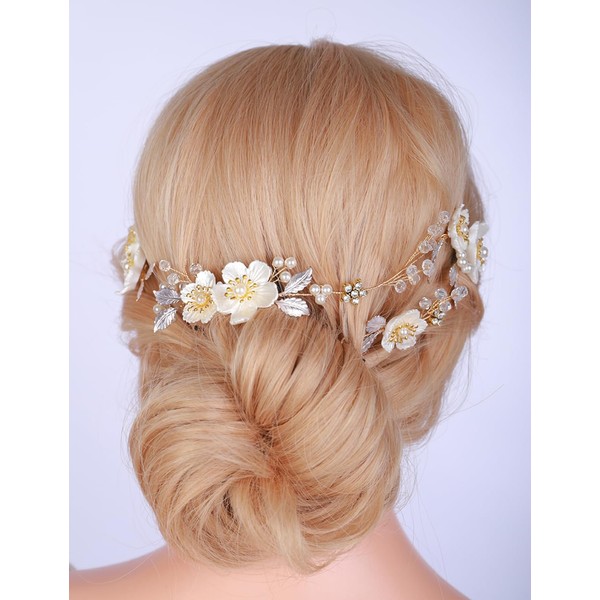 Teyglen Bridal Hair Vine Flower Wedding Headband Gold Leaf Flower