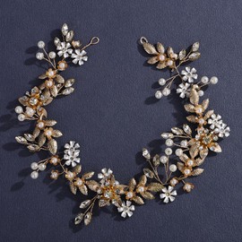 Lenjicons Vintage Flower Leaf Rhinestone Hair Vine Pearls Rhinestone Headband Wedding Hair Vine Handmade Flower Leaf Pearls Headpiece Bridal Headband for Women (gold, free size)