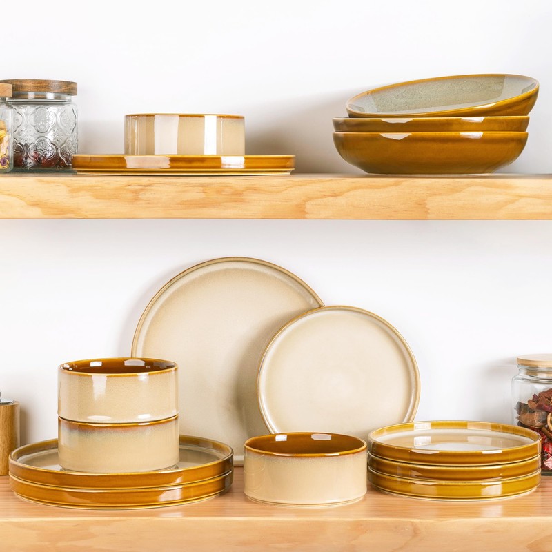 LERATIO Ceramic Dinnerware Sets for 4,Round Reactive Glaze Ceramic Plates