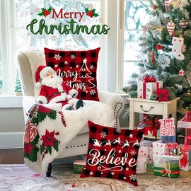 Christmas Pillow Covers 18x18 Inch Set of 4, Red Merry Christmas Belive Xmas Tree Holiday Cushion Case Christmas Decorations for Sofa Couch