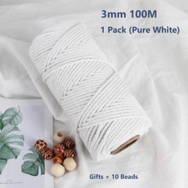 Macrame Cord 3mm 109 Yards White 1 Pack,Natural Cotton Rope for Colored Macrame Knitting, 4 Strands Twist Cotton Rope Macrame 3mm for Beginner Handmade Weaving Tapestry