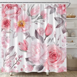 AMFD Pink Floral Shower Curtain Watercolor Rose Flower Vintage Elegant Valentines Day Rustic Farmhouse Bathroom Curtains Decor Fabric Set Include Hooks,(70" WX70 H)