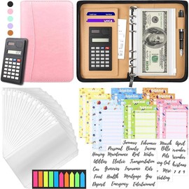 Budget Binder with Zipper Envelopes,  Envelopes for Budgeting, A6 PU Leather Budget Planner 2025 with  Envelopes Calculator, Bill  Organizer for  Saving Budget System Wallet - Color: E