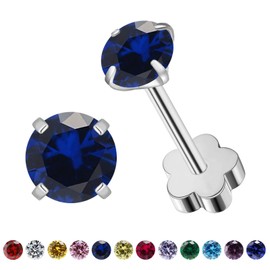 VDKIDKT Flower Screw Back Birthstone Stud Earrings for Women Girls, 3mm G23 Tiny CZ Flat Back Stud Earrings, Screw Back Helix Earrings (Silver, 9.Sep-Sapphire)