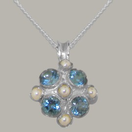 Sterling Silver Cultured Pearl & Blue Topaz Womens Vintage Pendant & Chain Necklace - Chain length 20
