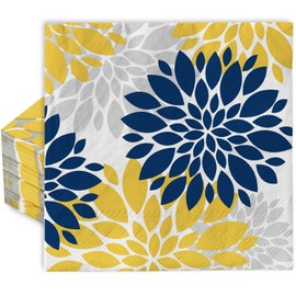 AnyDesign 80 Pack Dahlia Paper Napkins 6.5 x 6.5 Inch Navy Blue Yellow Silver Flower Dinner Napkins Modern Elegant Disposable Luncheon Napkin Dinner Hand Napkin for Home Holiday Party Supplies