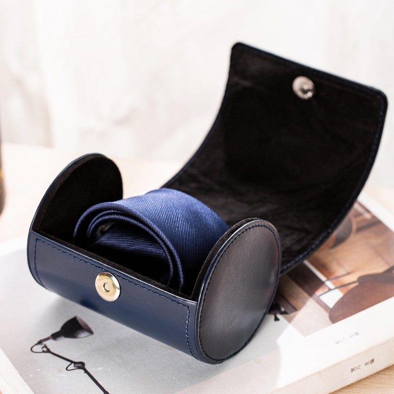 Tie Box for Travel Men's PU Leather Blue Ties Case