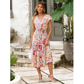 BerryGo Women's Floral Boho Ruffle Summer Midi Dress Short Sleeve V Neck Empire Waist Swing Flowy Dress Pink Floral S