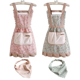 GMHLLES 4pcs Aprons for Women Kitchen Chef Cooking Apron Wrap Around Aprons 1940 Style Vintage Floral, Sleeveless with Pockets, Suitable for Cooking, Baking and Gardening (With Headscarf*2)