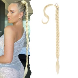 Long Braided Ponytail Extensions with Elastic Hair Tie Straight Wrap with Braid Pony Tails Hair Pieces Natural Soft Synthetic Ponytail Hair Extensions for Women (Bleach Blonde)