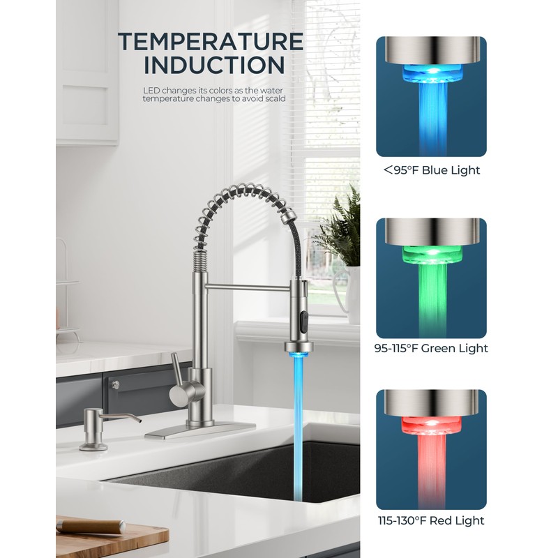 FORIOUS LED Kitchen Faucet with Soap Dispenser, Brushed Nickel Stainless