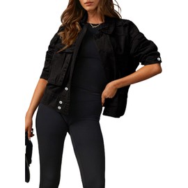 Dokotoo Jean Jackets for Women Fashion Button Up Fall Coats for Women Womens Fashion Cargo Denim Outwear Cropped Black X Large