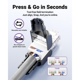 VCELINK Tool-Free RJ45 Connector, CAT6 No-Crimp Compact UTP Reusable Plug for Field Termination for 23-26 AWG Ethernet Cables, 1000 Mbps, Black, 4-Pack