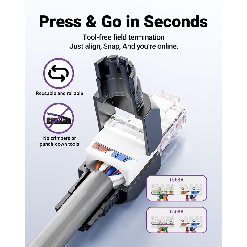 VCELINK Tool-Free RJ45 Connector, CAT6 No-Crimp Compact UTP Reusable Plug