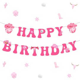 kreat4joy Disco Cowgirl Birthday Party Decorations Banner, Hot Pink Cowgirl Happy Birthday Banner for Western Cowgirl Rodeo Birthday Party