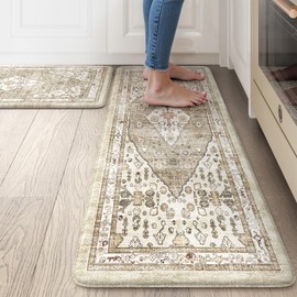 Collive Boho Kitchen Mats for Floor 2 Piece, Cushioned Anti Fatigue Kitchen Floor Mat Non-Skid Waterproof Under Sink Mat, Taupe Comfort Standing Desk Mat for Office, Home & Kitchen, 17"x30"+17"x47"