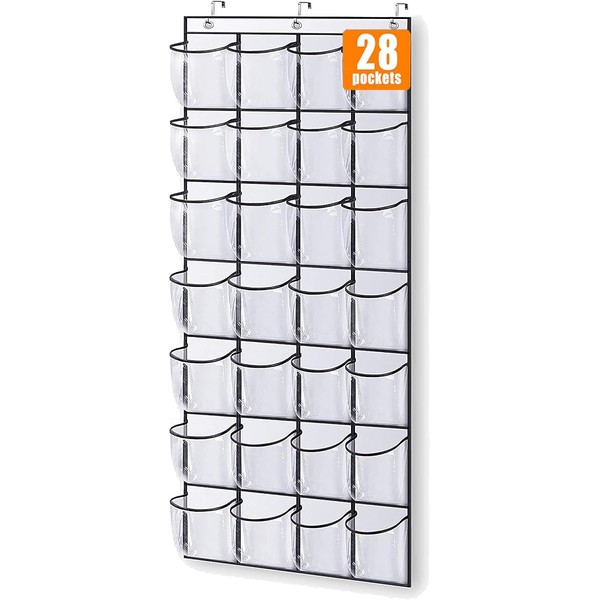 MISSLO 28 Pockets Over Door Shoe Organiser Hanging Shoe Storage Large Clear Shoe Rack for Door Organiser, White