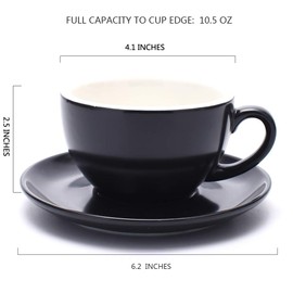 Coffeezone Latte Art Cup and Saucer Fine Porcelain for Latte & Cappuccino, Mate for Coffee Shop and Barista (Matte Black, 10.5 oz)