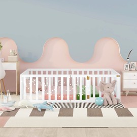 MERITLINE Full Size Bed Frame for Kids, Wood Kids Bed with Fence, Montessori Floor Bed with Door, for Kids Over 6 Years Old, Easy Assembly, Box Spring Needed (White)