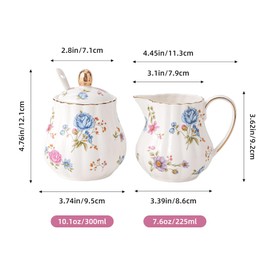 Ceramic Sugar and Creamer Set, 3 Piece Set with Cream Pitcher, Sugar Bowl, Spoon (Multicolor Floral)