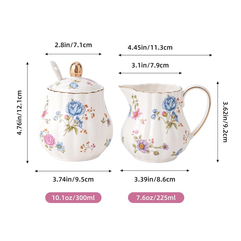 Ceramic Sugar and Creamer Set, 3 Piece Set with Cream
