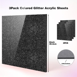 Adrattnay Black Glitter Acrylic Sheets 1/8" Thick, 3Pcs 8 x 8in Cast Acrylic Sheet 3 mm for Laser Cutting, Glitter Acrylic Sheet for Signs, Pet Tag, DIY Craft Decoration Laser Engraving Blank Material