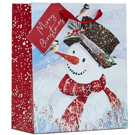 Partisan Products Snowman Merry Christmas Gift Bag with Red Handle and Merry Christmas Gift Tag Xmas Gift Wrap Traditional Medium